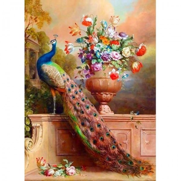 Peacock With Multicolor Flowers