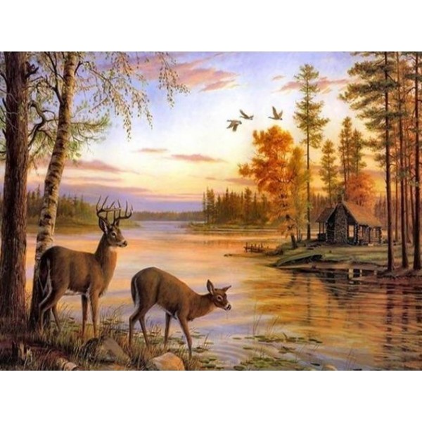 Deer At Lake Diamond Art