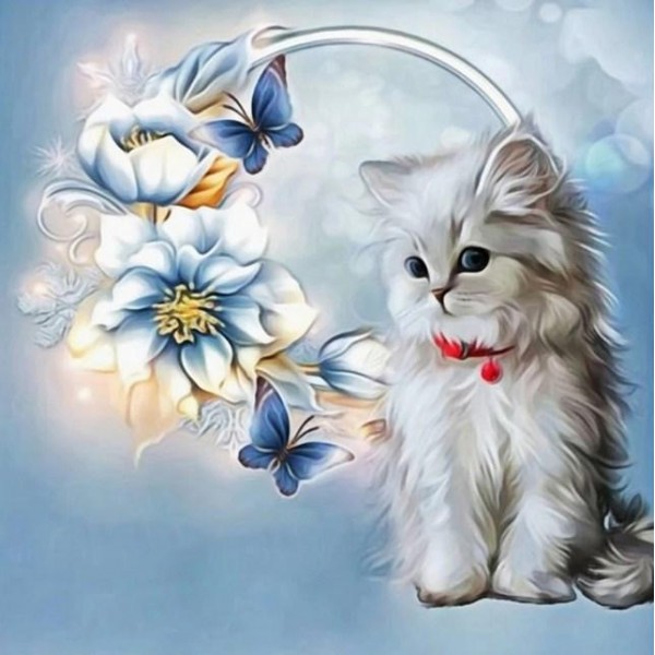 Flowers & Adorable Cat Diamond Painting
