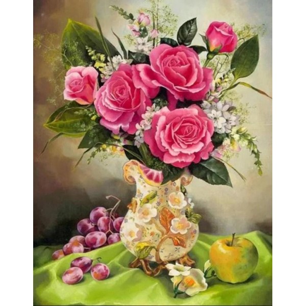 Grapes, Apple & Pink Rose Vase